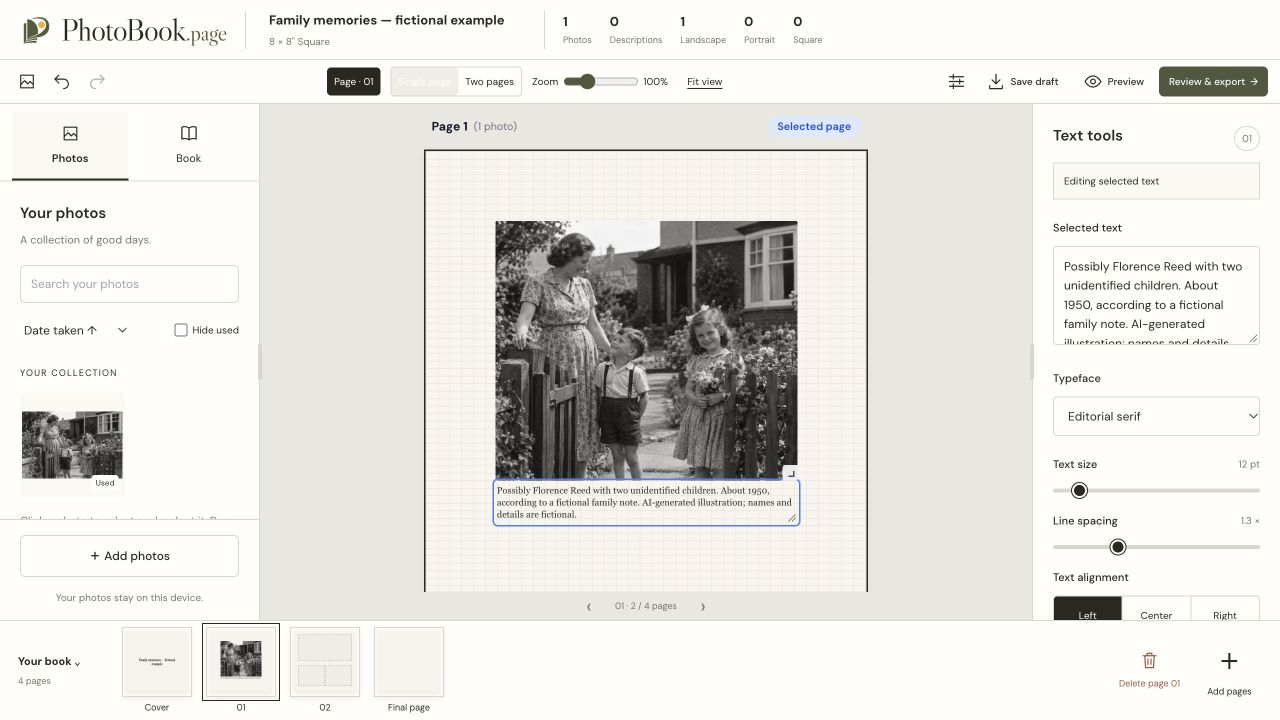 PhotoBook.page editor showing a family photo caption with an approximate date and an attributed fictional note.