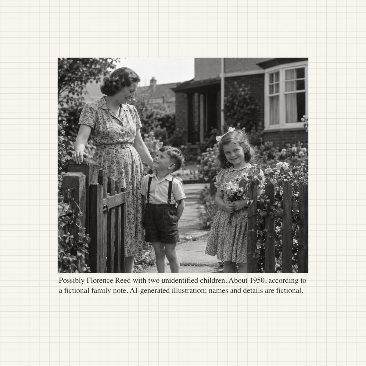 Rendered page from an actual PhotoBook.page PDF export, showing a fictional family photo and its full caption inside the page.