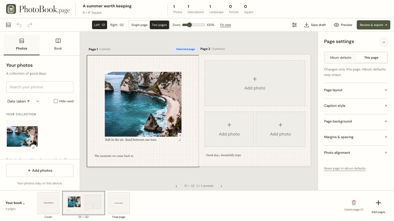 PhotoBook.page editor after importing a sample photo and matching Takeout JSON file, with one description and its caption visible